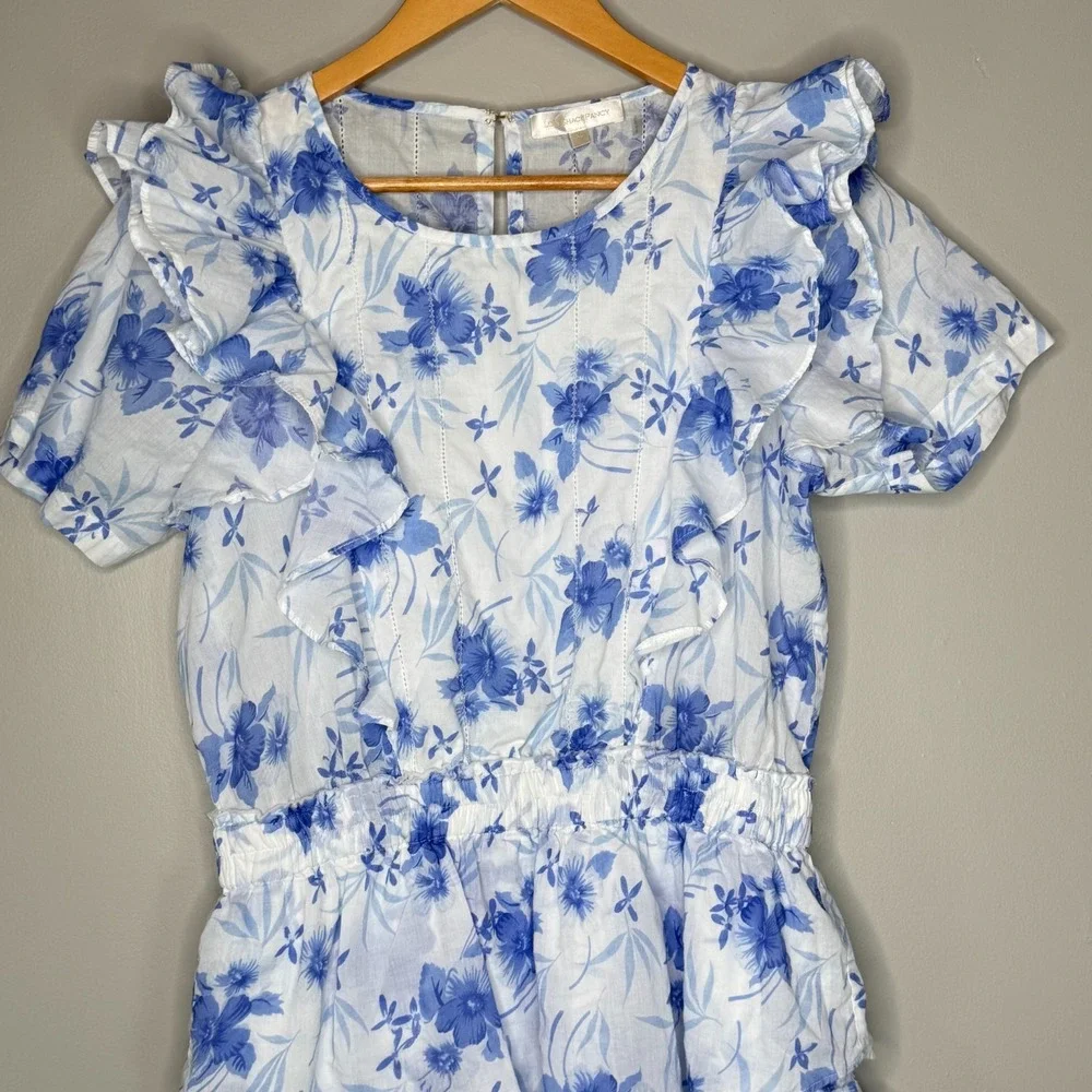 LoveShackFancy Womens XL Floral Mini Dress Blue White Ruffle Cotton